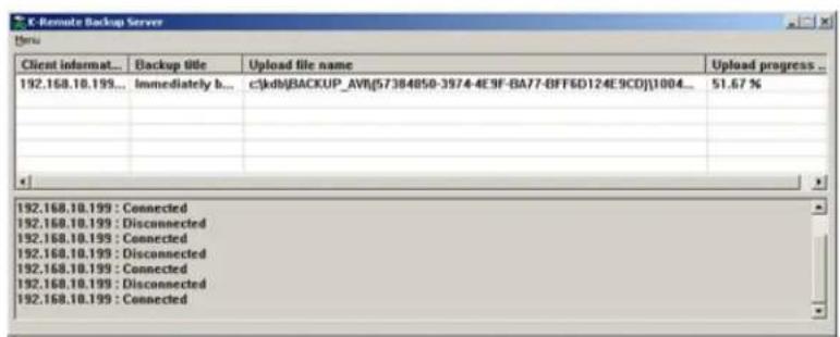 C - Remote Backup Server Client informat... Backup title Upload file name Upload progress ... 192.168.10.199... Immediately b... c:\kdb\BACKUP_AVR\57384850-3974-4E9F-BA77-BFFED124E9CD\1004... 51.67 % 192.168.10.199 : Connected 192.168.10.199 : Disconnected 192.168.10.199 : Connected 192.168.10.199 : Connected 192.168.10.199 : Connected 192.168.10.199 : Disconnected 192.168.10.199 : Connected