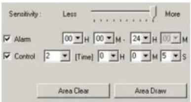 Sensitivity: Less More ✓ Alarm 00 H 00 M - 24 H 00 M ✓ Control 2 [Time] 0 H 0 M 5 S Area Clear Area Draw