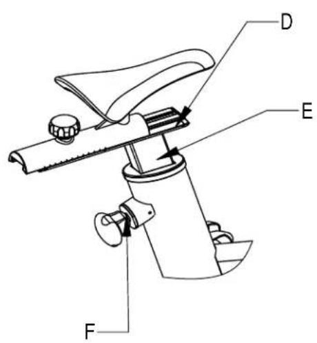Technical diagram of a mechanical device with labeled parts D, E, and F