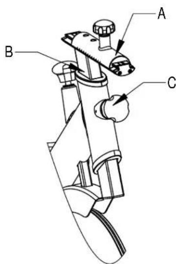Technical diagram of a mechanical device with labeled parts A, B, and C