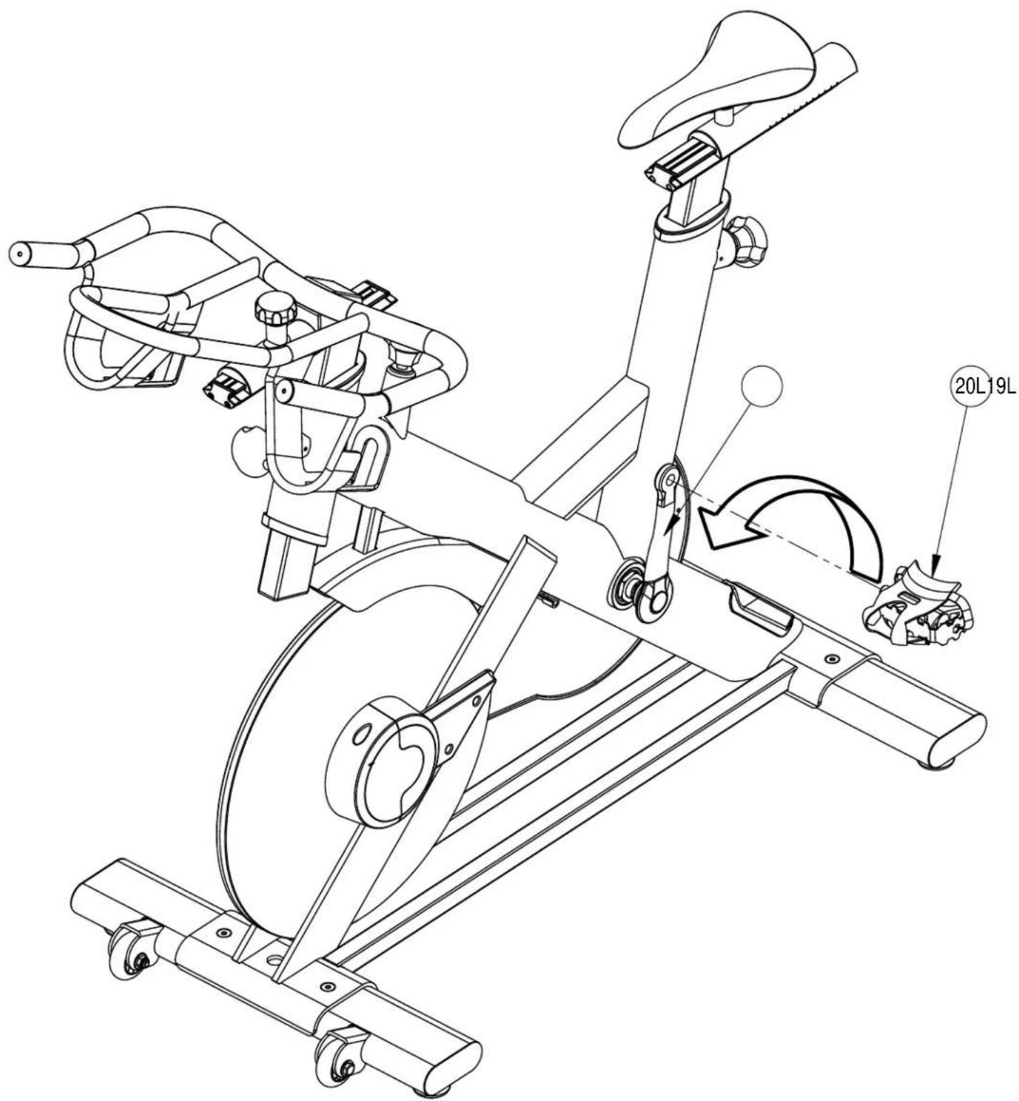 Technical line drawing of a stationary exercise bike with labeled components and motion arrows