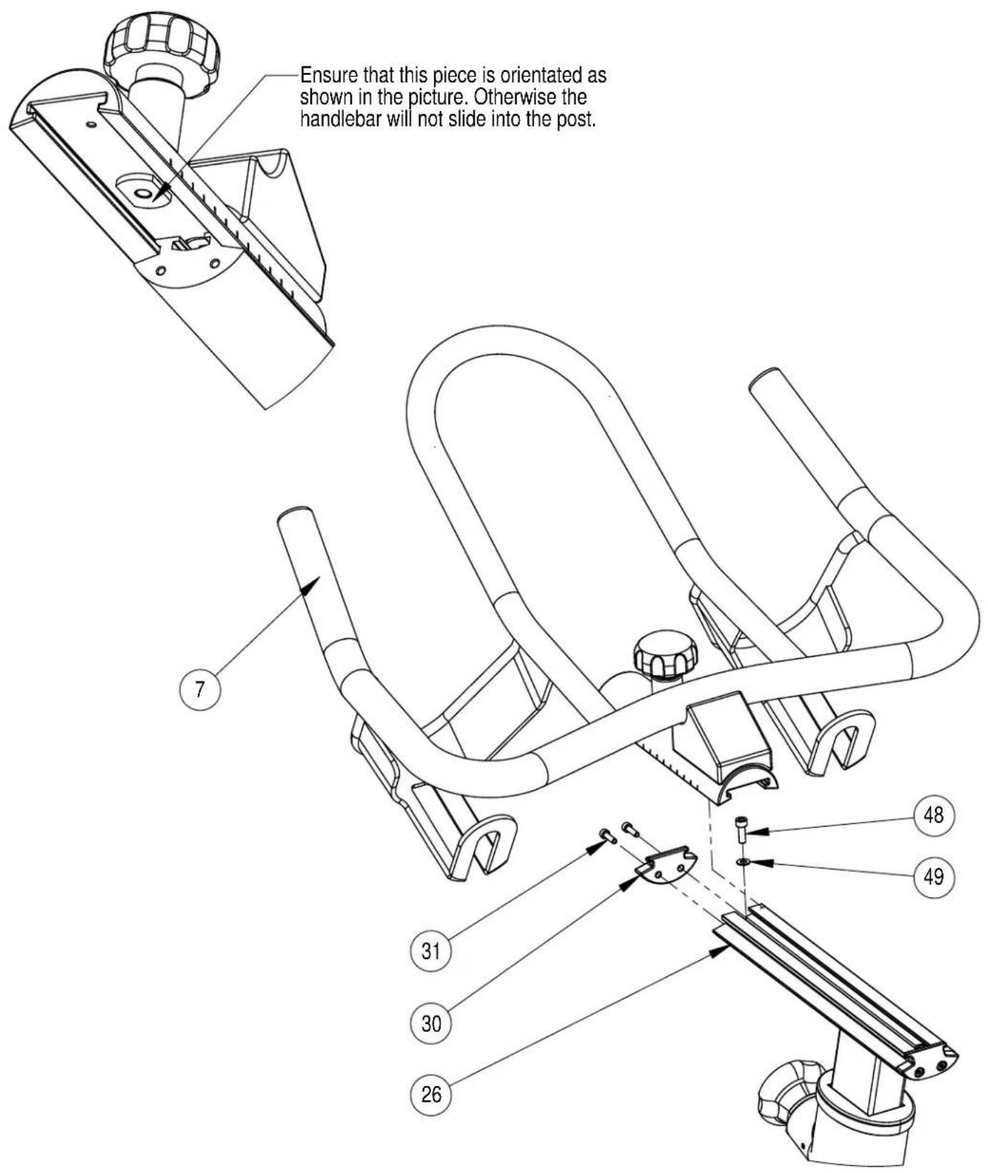 Ensure that this piece is orientated as shown in the picture. Otherwise the handlebar will not slide into the post. 7 31 30 26 48 49