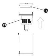 Diagram of a mechanical device with numbered components and an upward arrow indicating motion or assembly.