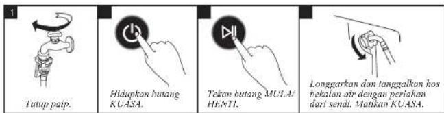 Tutup patip. Hidopkan batang KUASA. Tekan batang MULA/ HENTI. Longgarkan dan tanggolkan hos bekatan air dengan perlahan dari send. Matikan KUASA.