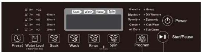 Soak Wash Rinse Spin Normal Heavy Blanket DIY Memory Speedy Economic Gentle Kids Wear Air Dry Tub Clean Power Start/Pause Preset Water Level Soak Wash Rinse Spin Program