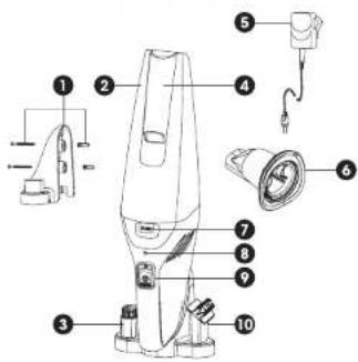 Labeled diagram of a hairdryer with numbered parts for identification