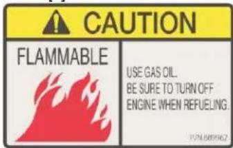 CAUTION FLAMMABLE USE GAS OIL. BE SURE TO TURN OFF ENGINE WHEN REFUELING.