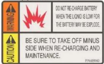 WARNING DO NOT RE-CHARGE BATTERY WHEN THE LIQNID IS LOW FOR THE BATTERY MAY BE EXPLODE. CAUTION BE SURE TO TAKE OFF MINUS SIDE WHEN RE-CHARGING AND MAINTENANCE. PUNAERONSO