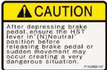 CAUTION After depressing brake pedal, ensure the HST lever in" (N) Neutral" position before releasing brake pedal or sudden movement may occur creating a very dangerous situation. P/N.868147