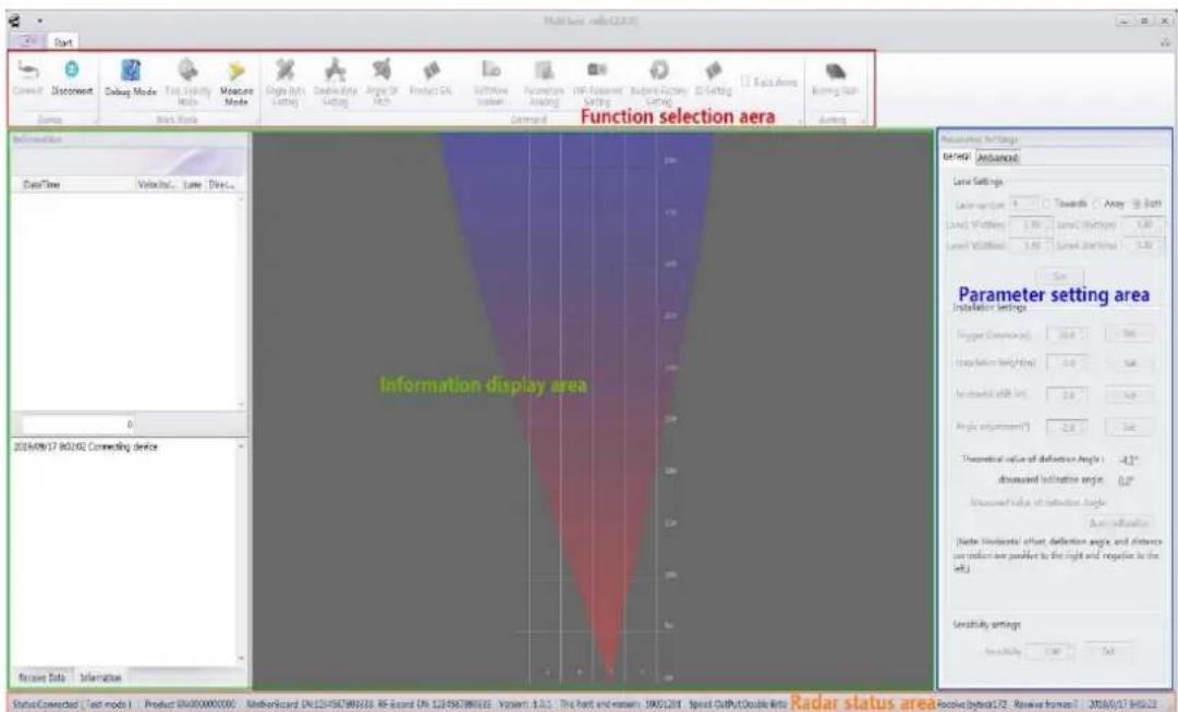 Function selection aera Information display area StatusConnected ( Test mode ) Product EN000000000: MotherScard ON125456789328 RF Board ON 12545678932E Version 1.0.1: The font and pattern 19021201 Speed OUTPUT Double Bits Radar status area Received by: 2018/0/17 945122