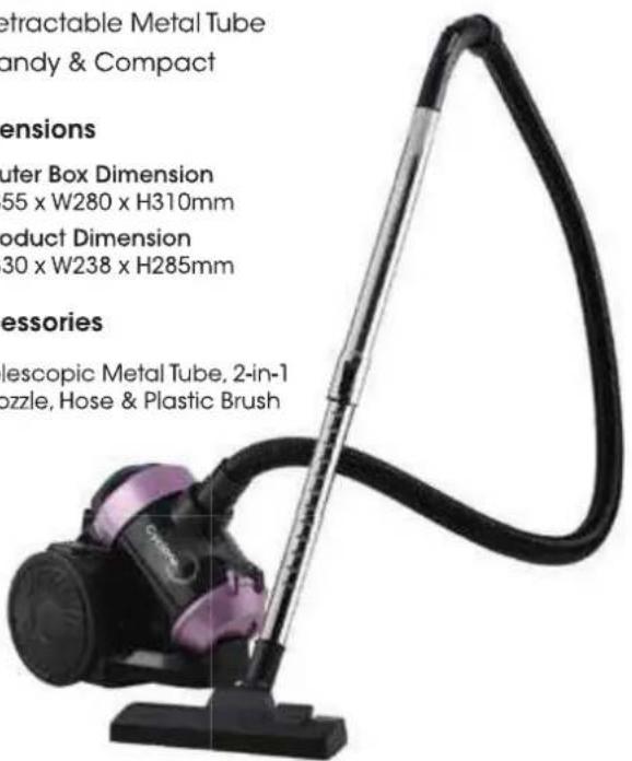 extractable Metal Tube andy & Compact ensions Outer Box Dimension 55 x W280 x H310mm product Dimension 30 x W238 x H285mm essories lescopic Metal Tube, 2-in-1 pzzle, Hose & Plastic Brush