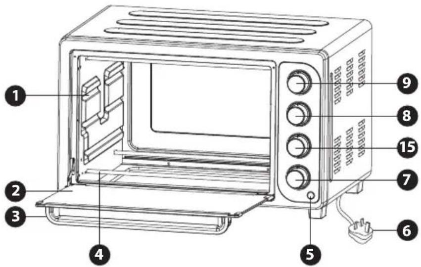 Labeled diagram of a microwave oven showing interior components and numbered parts