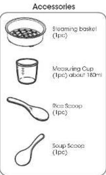 Accessories Steaming basket (Ipc) Measuring Cup (Ipc) about 180ml Rice Scoop (Ipc) Soup Scoop (Ipc)