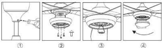 Technical diagram showing four stages of a mechanical or electrical component assembly with labeled parts and directional arrows.
