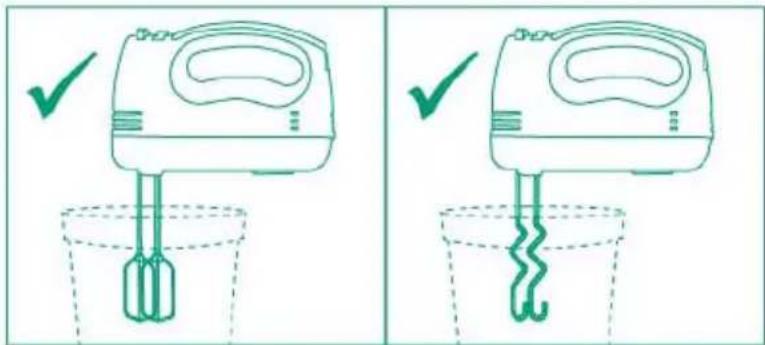 Diagram showing two methods of a hand mixer, one with checkmark and the other with checkmark, both using a container.