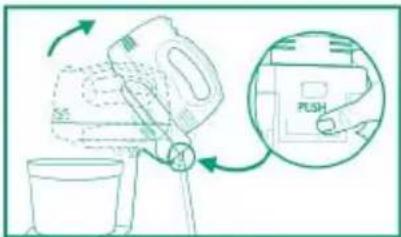 Diagram showing a hand pressing a button labeled 'PUSH' into a container, with arrows indicating rotation and movement.