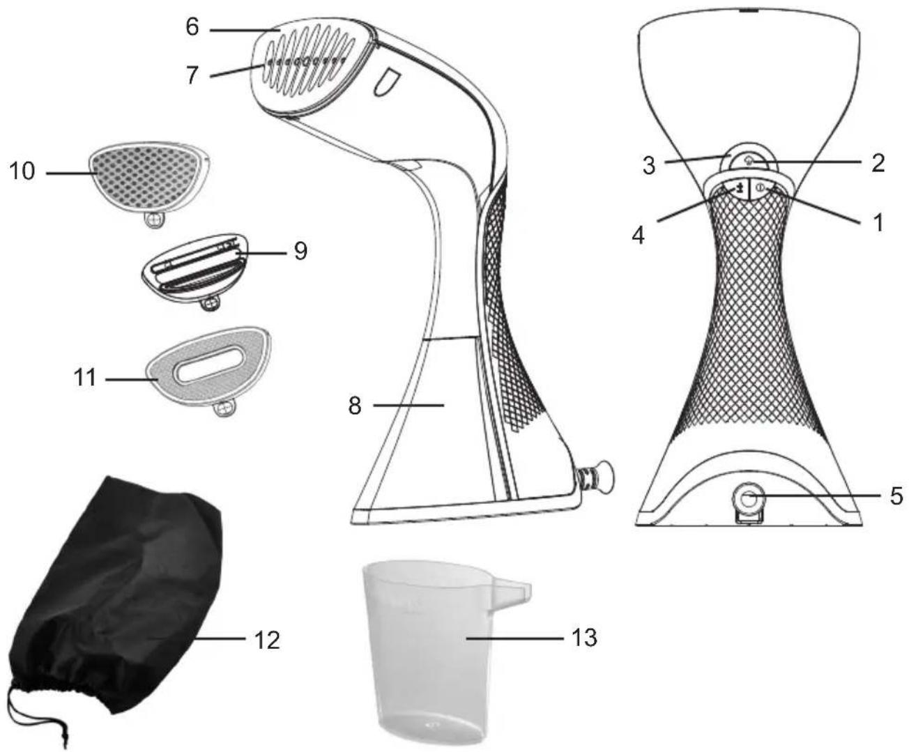 Technical diagram of a hair dryer with labeled parts including blender, coverable tray, and bag