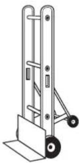Line drawing of a hand truck with wheels and handle (no text or symbols)