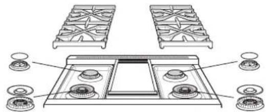 Diagram of a gas stove with four panes and three wheels, showing internal components (no text or labels)