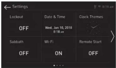 Settings Lockout Date & Time Clock Themes OFF Wed, Jan 10, 2018 8:18 AM Sabbath Wi-Fi Remote Start OFF ON OFF