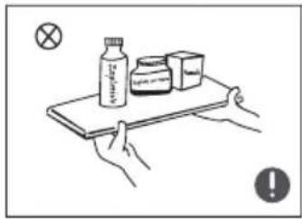 Illustration showing hands holding a tray with a bottle, a jar, and a cross symbol, with an exclamation mark and a warning icon.