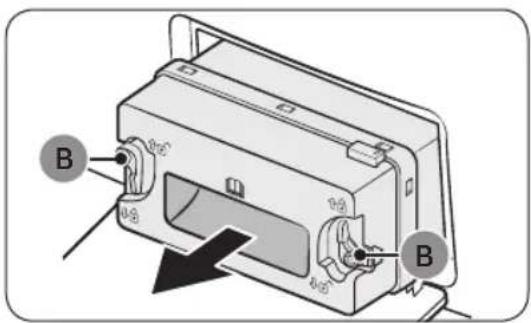 Diagram of a device with labeled ports and directional arrow, showing internal components and connection points.