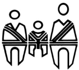 Three stylized human figures in traditional attire, seated side by side (no text or symbols)