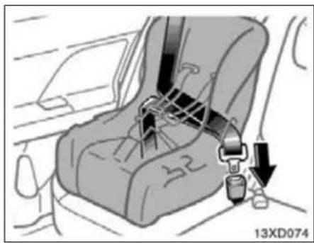 Diagram of a car seatbelt buckle assembly with a belt buckle, showing no text or symbols