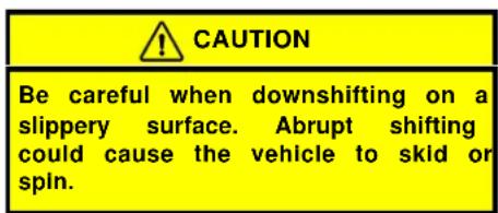 CAUTION Be careful when downshifting on a slippery surface. Abrupt shifting could cause the vehicle to skid or spin.
