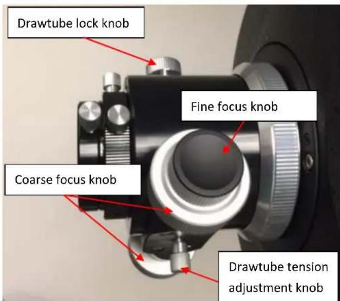 Drawtube lock knob Fine focus knob Coarse focus knob Drawtube tension adjustment knob