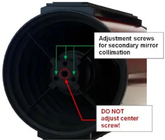Adjustment screws for secondary mirror collimation DO NOT adjust center screw!