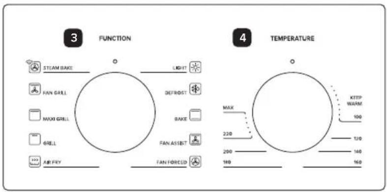 3 FUNCTION STEAM BAKE FAN GRILL MAXI GRILL GRILL AIR FRY LIGHT DEFROST BAKE FAN ASSET FAN FORCED 4 TEMPERATURE MAX 220 200 180 KEEP WARM 100 120 140 160