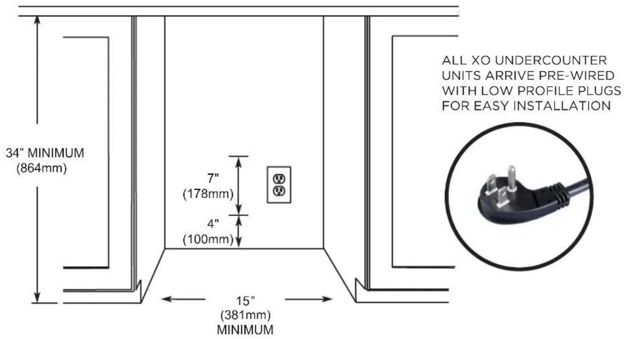 34" MINIMUM (864mm) 7" (178mm) 4" (100mm) 15" (381mm) MINIMUM ALL XO UNDERCOUNTER UNITS ARRIVE PRE-WIRED WITH LOW PROFILE PLUGS FOR EASY INSTALLATION