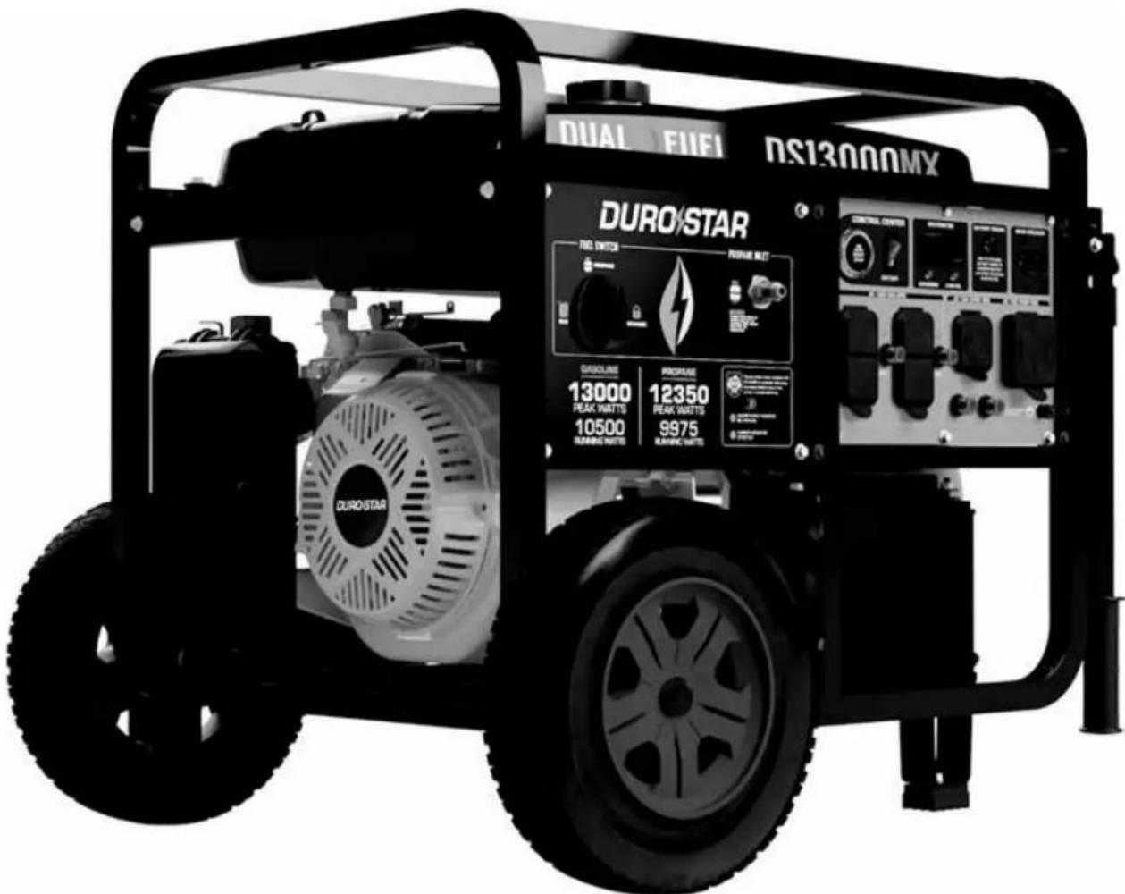 DUAL FUEL DS13000MX DURO/STAR PROXUE NET GASCURE 13000 PEAK WATTS 10500 RUNNING MATTS PROXUE 12350 PEAK WATTS 9975 RUNNING MATTS