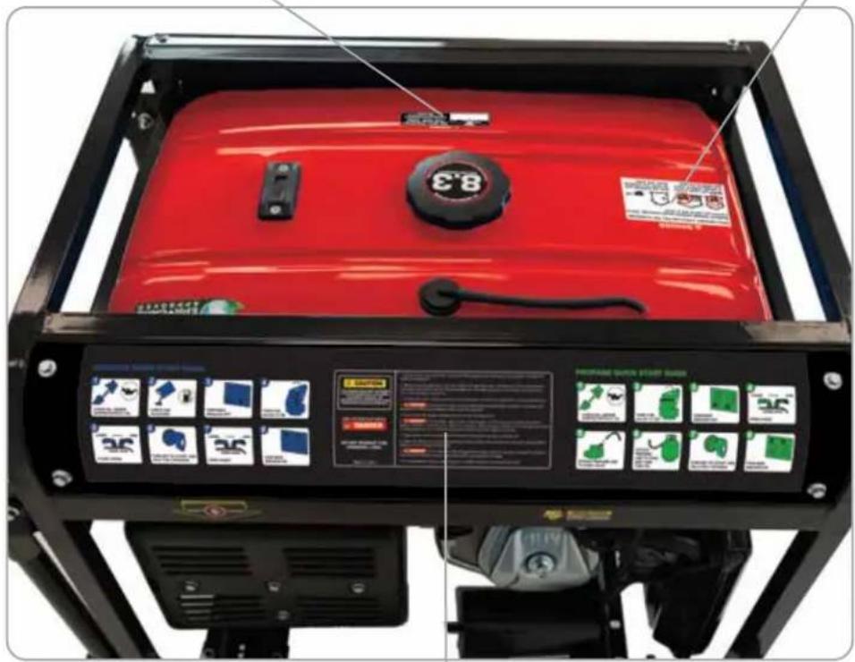 Photo of a red portable electricity generator with visible branding, control panel, and safety instructions in Chinese.