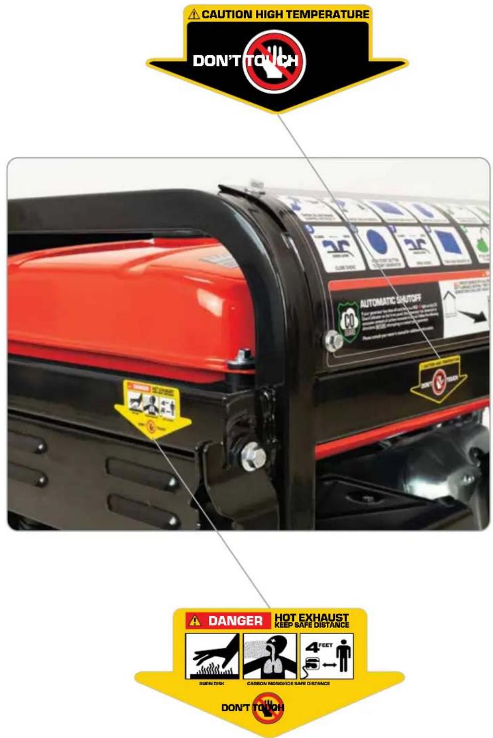 CAUTION HIGH TEMPERATURE DON'T TOUCH AUTOMATIC SHUTOFF DANGER HOT EXHAUST KEEP SAFE DISTANCE BURN RISK CARBON MONOXIDE SAFE DISTANCE 4 FEET DON'T TOUGH