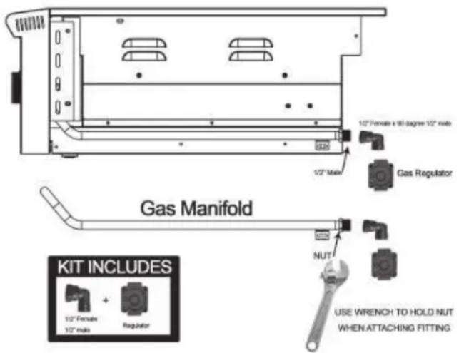 1/2" Female x 90 degree 1/2" male 1/2" Male Gas Regulator Gas Manifold NUT KIT INCLUDES 1/2" Female + 1/2" male Regulator USE WRENCH TO HOLD NUT WHEN ATTACHING FITTING