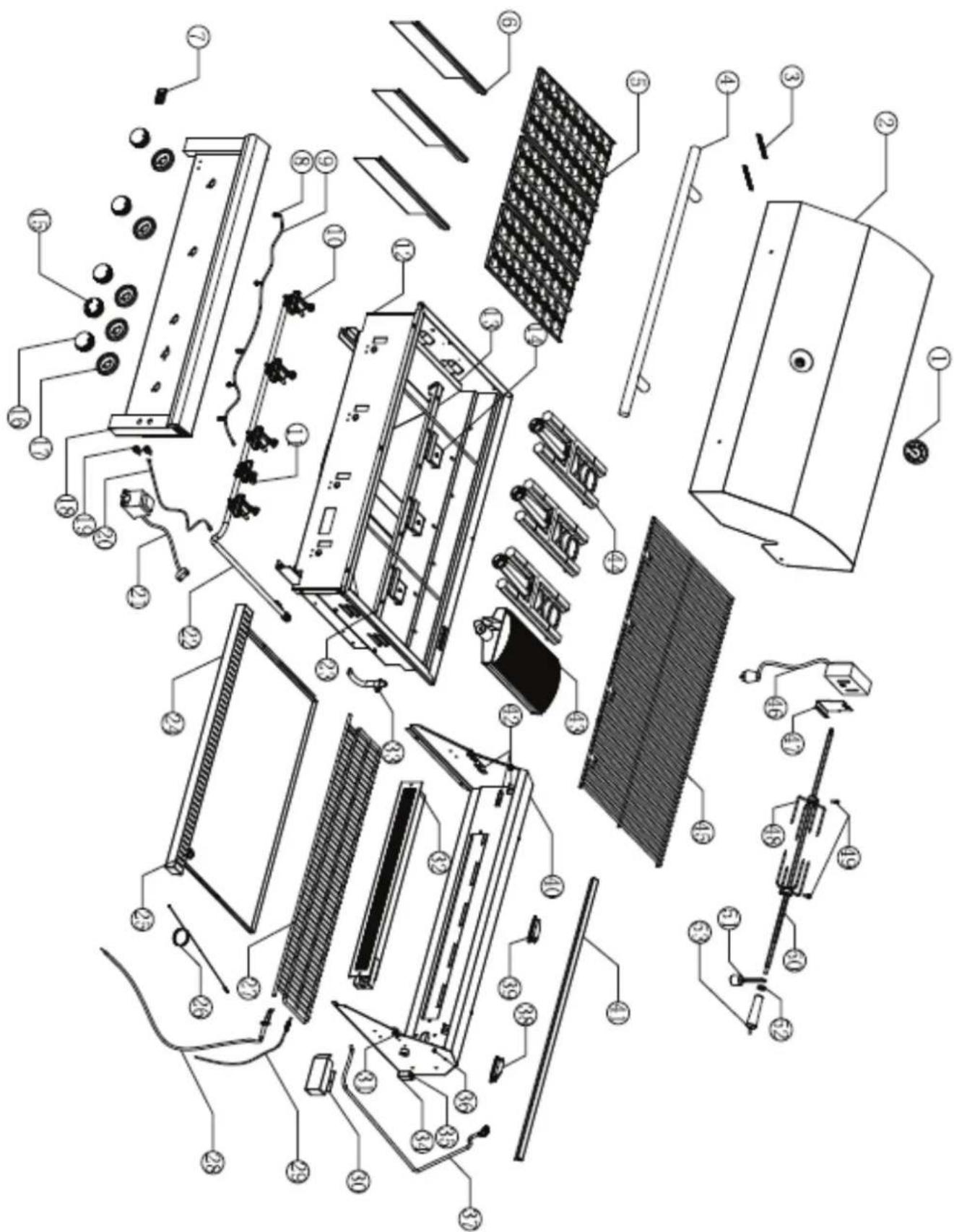 Exploded view diagram of a refrigerator internal components with numbered labels indicating parts like seats, doors, and refrigerators.