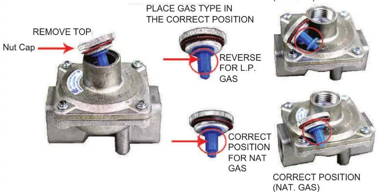 PLACE GAS TYPE IN THE CORRECT POSITION REMOVE TOP Nut Cap REVERSE FOR L.P. GAS CORRECT POSITION FOR NAT GAS CORRECT POSITION (NAT. GAS)