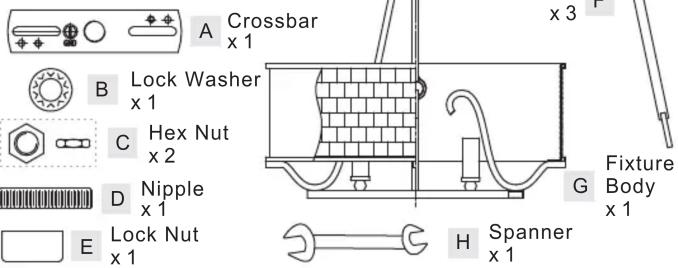 Crossbar x 1 Lock Washer x 1 Hex Nut x 2 Nipple x 1 Lock Nut x 1 Fixture Body x 1 Spanner x 1