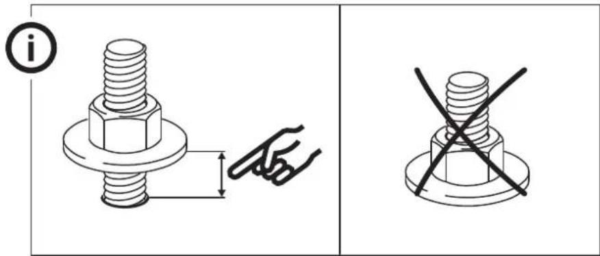 Technical diagram showing two bolt installation states: one with a magnified view of the bolt, and another with a crossed-out screw.
