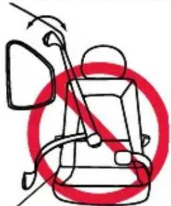 Safety warning sign showing no helmet and seat against a red circle, with motion arrows indicating speed