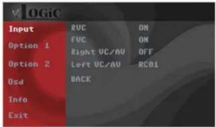 V OGiC Input RVC ON Option 1 FVC ON Right VC/AV OFF Option 2 Left VC/AV RCBI Osd BACK Info Exit