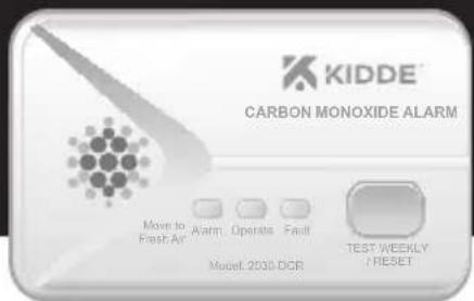 KIDDE CARBON MONOXIDE ALARM Move to Fresh Air Alarm Operate Fault Model 2000 DCR TEST WEEKLY /RESET