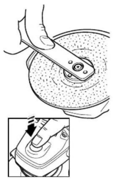 Illustration of a hand using a tool to press or install a car brake disc, with an inset showing the process (no text or symbols present)