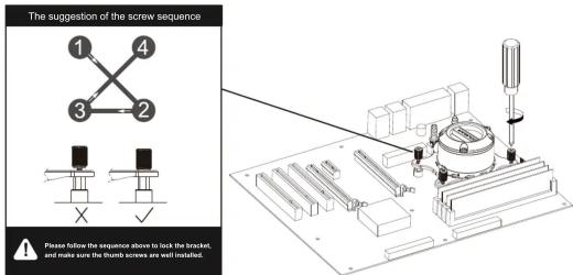 The suggestion of the screw sequence 1 4 3 2 X ✓ Please follow the sequence above to lock the bracket, and make sure the thumb screws are well installed.