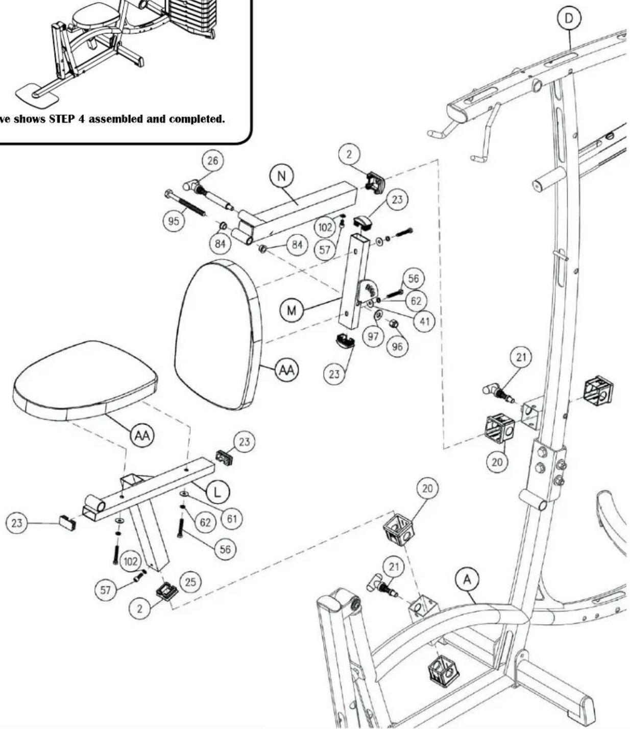 we shows STEP 4 assembled and completed. 26 95 84 N 102 84 57 23 M 56 62 41 97 96 AA 23 21 20 23 L 62 61 56 102 57 25 21 A D
