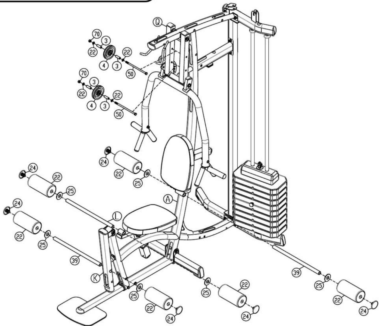 Technical diagram of a gym rehabilitation machine with numbered components and labeled parts