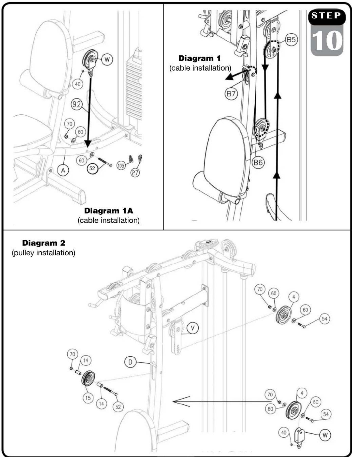 Best Fitness BFMG30 - 10C. Attach Cable (#92) to the hook of Leg Press Pulley Bracket (W) and screw on Acorn Cap Nut (#40). - 1