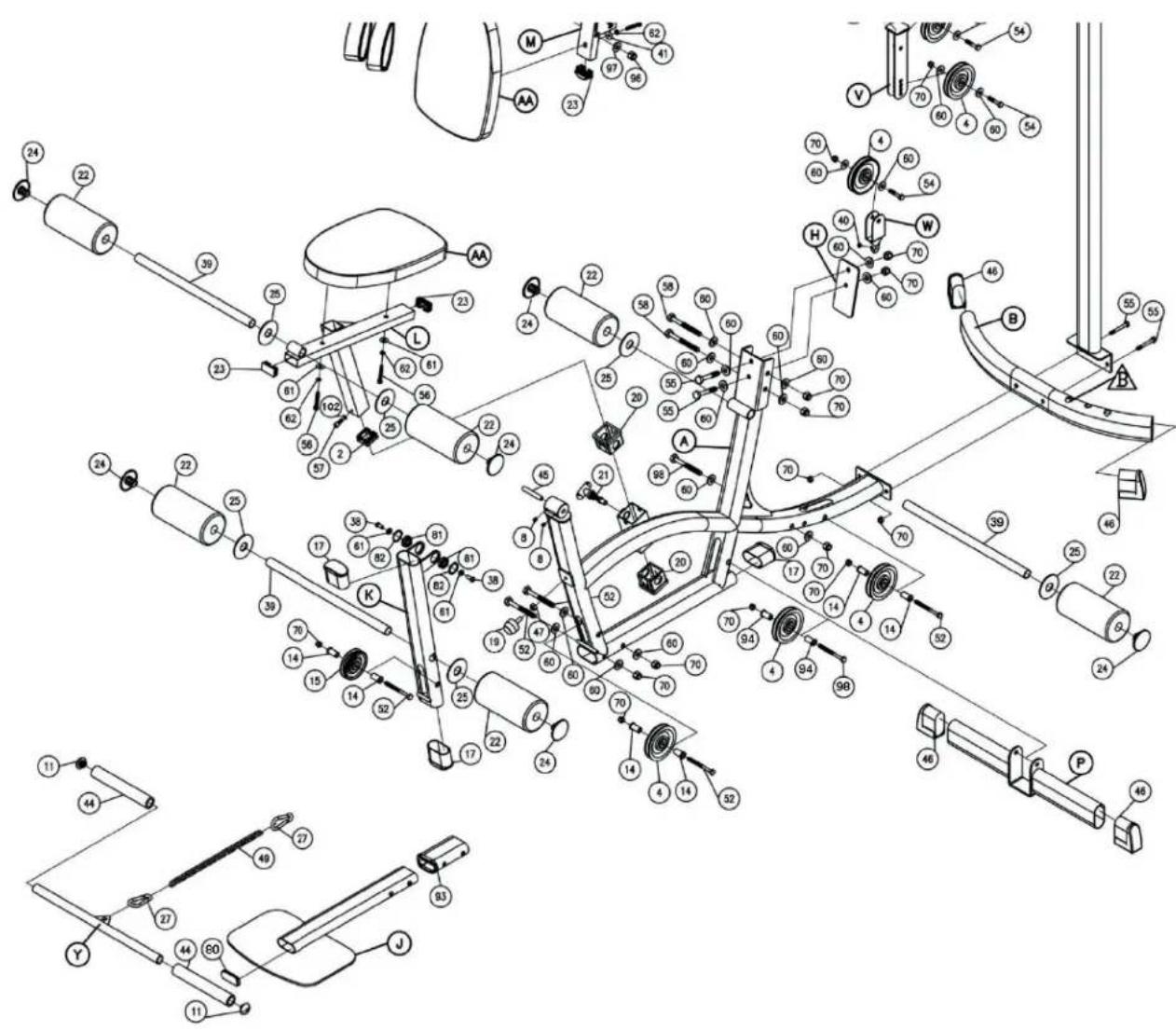 Technical diagram of a mechanical assembly with numbered components and labeled parts (A, B, C, D, E, F, G, H, I, J, K, L, M, N, O, P, Q, R, S)